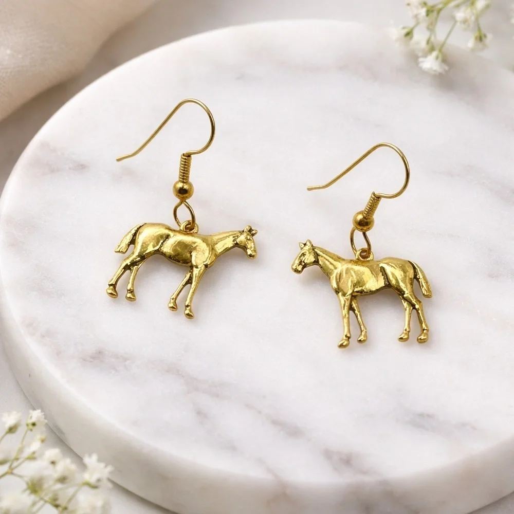 Gold Horse Dangle Earrings | Western Equestrian Charm Jewelry
